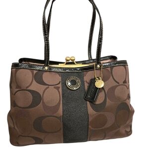 Coach 2012 Chocolate Brown Signature Stripe Kisslock Frame Carryall Bag
